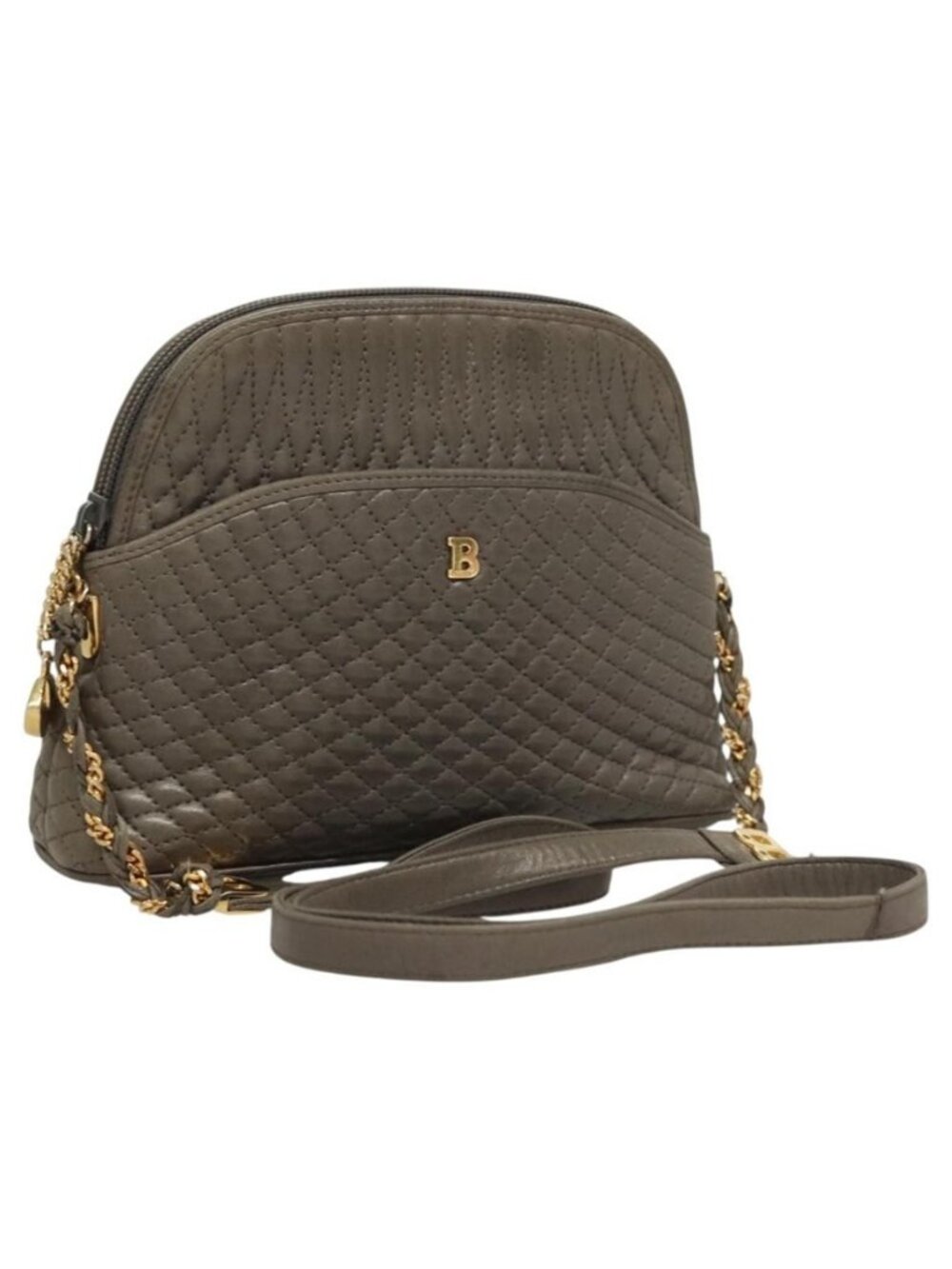 Authentic BALLY Quilted Chain Shoulder Bag Leather Gray Gold